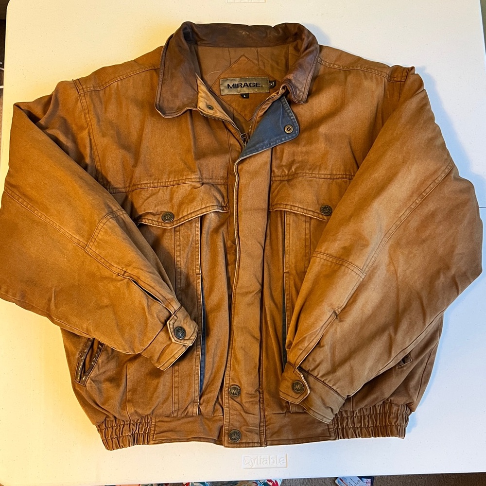 Vintage Mirage Men's Brown Jacket Coat with Leather Trim Size L